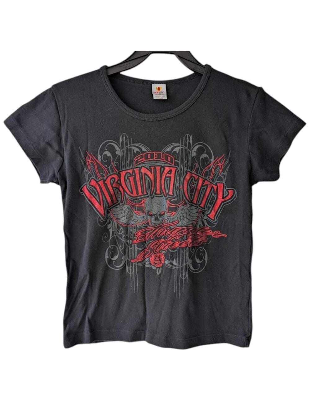 Vintage 2010 Virginia City Shirt Women L Black Biker Graphic Tee Babydoll Retro